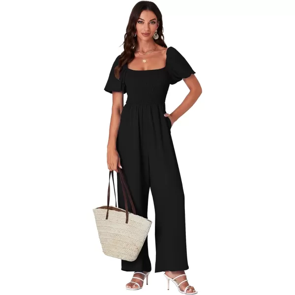 LYANER Women's Summer Smocked Jumpsuits Square Neck Shirred Short Sleeve Casual High Waist Wide Leg Long Romper