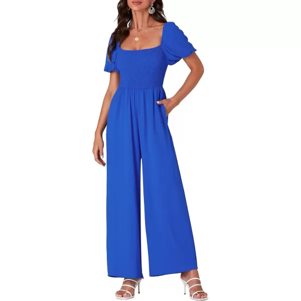LYANER Women's Summer Smocked Jumpsuits Square Neck Shirred Short Sleeve Casual High Waist Wide Leg Long Romper