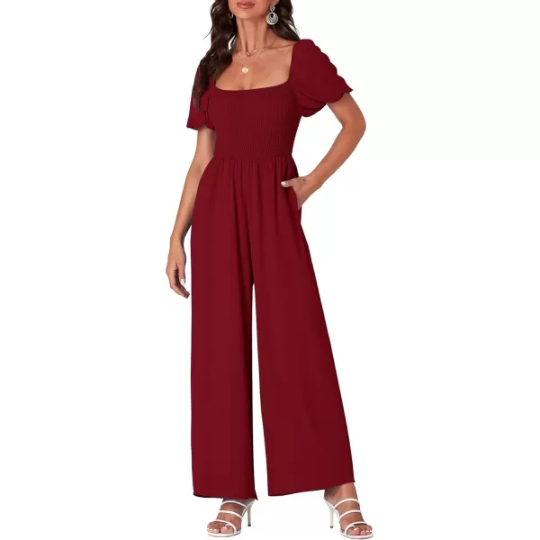 LYANER Women's Summer Smocked Jumpsuits Square Neck Shirred Short Sleeve Casual High Waist Wide Leg Long Romper