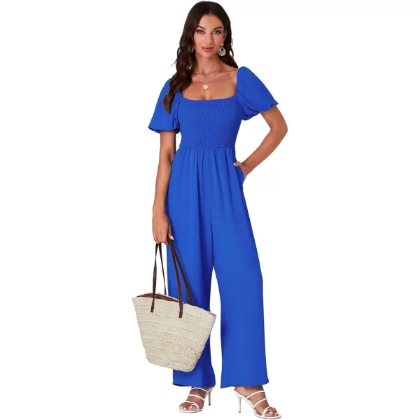 LYANER Women's Summer Smocked Jumpsuits Square Neck Shirred Short Sleeve Casual High Waist Wide Leg Long Romper