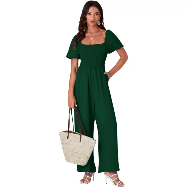 LYANER Women's Summer Smocked Jumpsuits Square Neck Shirred Short Sleeve Casual High Waist Wide Leg Long Romper