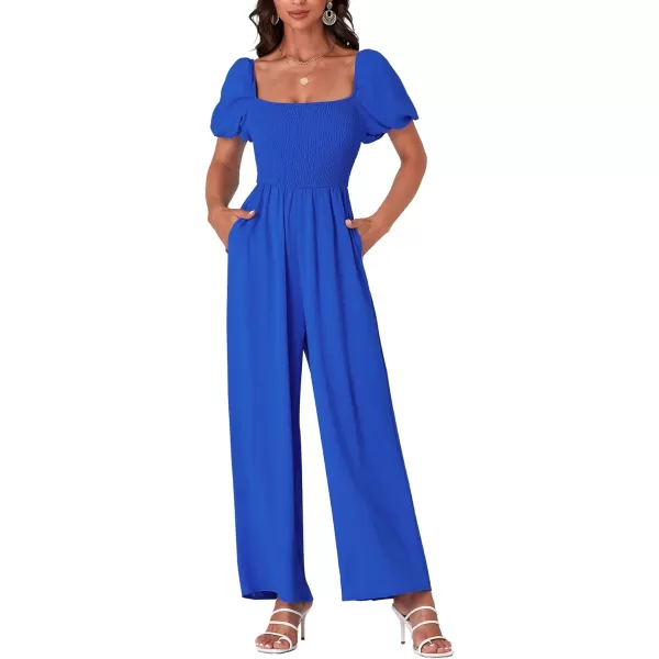LYANER Women's Summer Smocked Jumpsuits Square Neck Shirred Short Sleeve Casual High Waist Wide Leg Long Romper