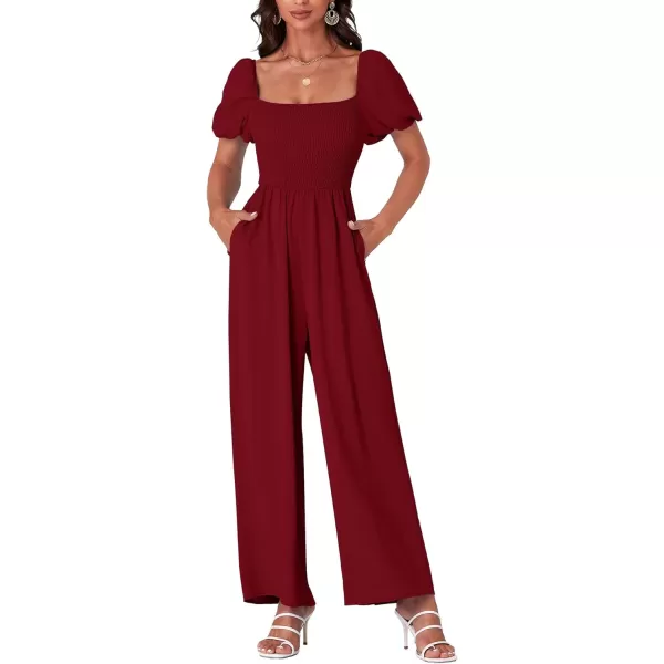 LYANER Women's Summer Smocked Jumpsuits Square Neck Shirred Short Sleeve Casual High Waist Wide Leg Long Romper