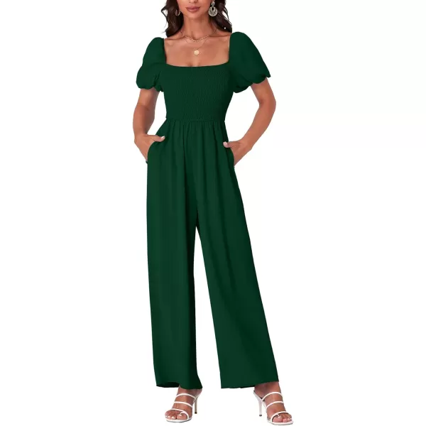 LYANER Women's Summer Smocked Jumpsuits Square Neck Shirred Short Sleeve Casual High Waist Wide Leg Long Romper