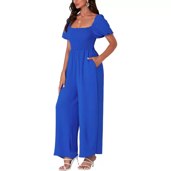 LYANER Women's Summer Smocked Jumpsuits Square Neck Shirred Short Sleeve Casual High Waist Wide Leg Long Romper