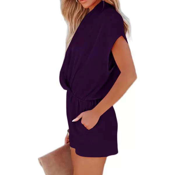 LYANER Women's Summer V Neck Wrap Ruched Front Pockets Short Sleeve Romper Jumpsuit