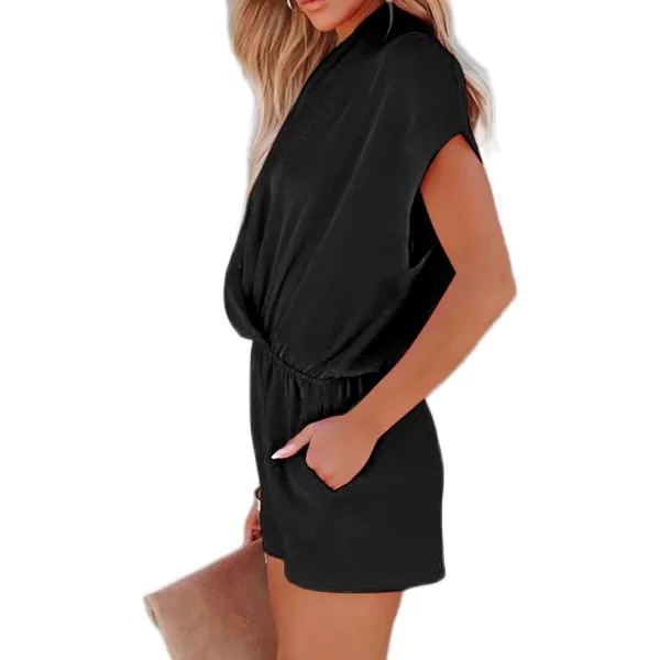 LYANER Women's Summer V Neck Wrap Ruched Front Pockets Short Sleeve Romper Jumpsuit