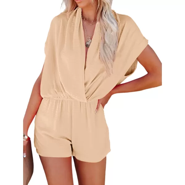 LYANER Women's Summer V Neck Wrap Ruched Front Pockets Short Sleeve Romper Jumpsuit