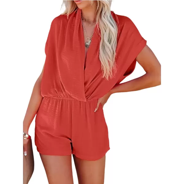 LYANER Women's Summer V Neck Wrap Ruched Front Pockets Short Sleeve Romper Jumpsuit