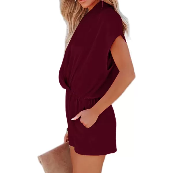 LYANER Women's Summer V Neck Wrap Ruched Front Pockets Short Sleeve Romper Jumpsuit