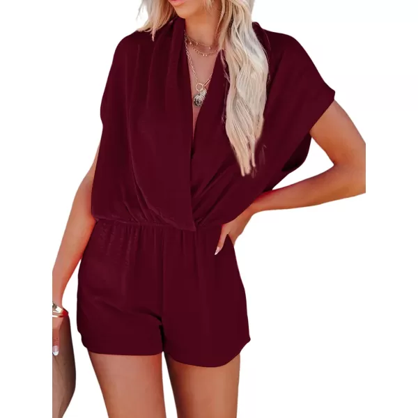 LYANER Women's Summer V Neck Wrap Ruched Front Pockets Short Sleeve Romper Jumpsuit