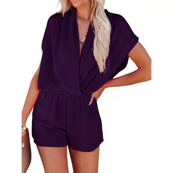 LYANER Women's Summer V Neck Wrap Ruched Front Pockets Short Sleeve Romper Jumpsuit