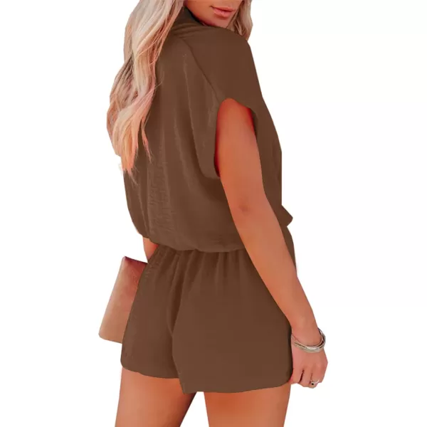 LYANER Women's Summer V Neck Wrap Ruched Front Pockets Short Sleeve Romper Jumpsuit