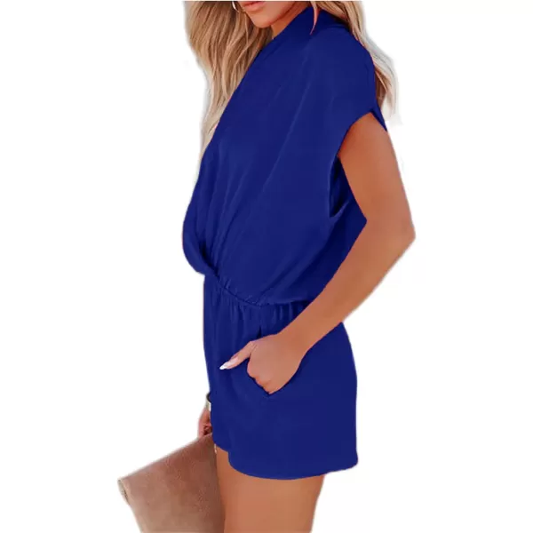 LYANER Women's Summer V Neck Wrap Ruched Front Pockets Short Sleeve Romper Jumpsuit