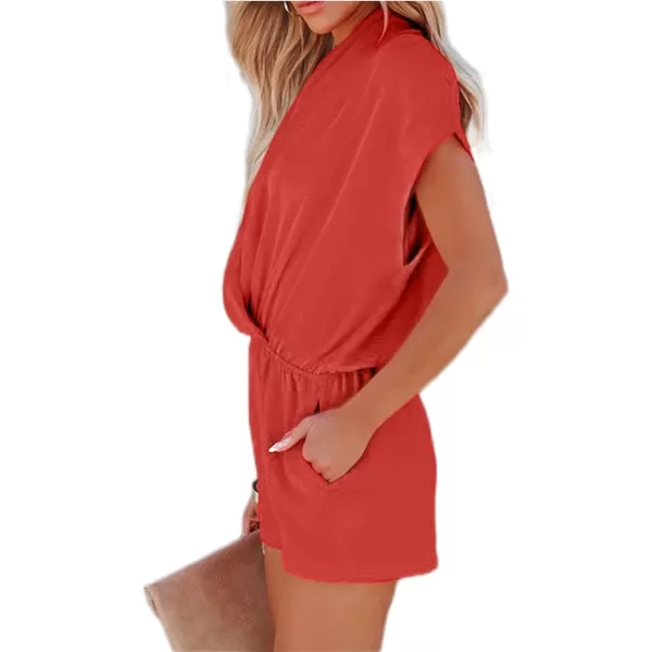 LYANER Women's Summer V Neck Wrap Ruched Front Pockets Short Sleeve Romper Jumpsuit