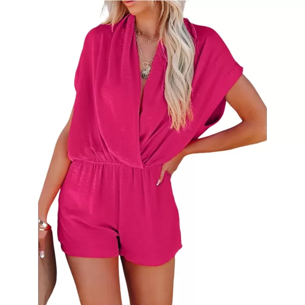 LYANER Women's Summer V Neck Wrap Ruched Front Pockets Short Sleeve Romper Jumpsuit