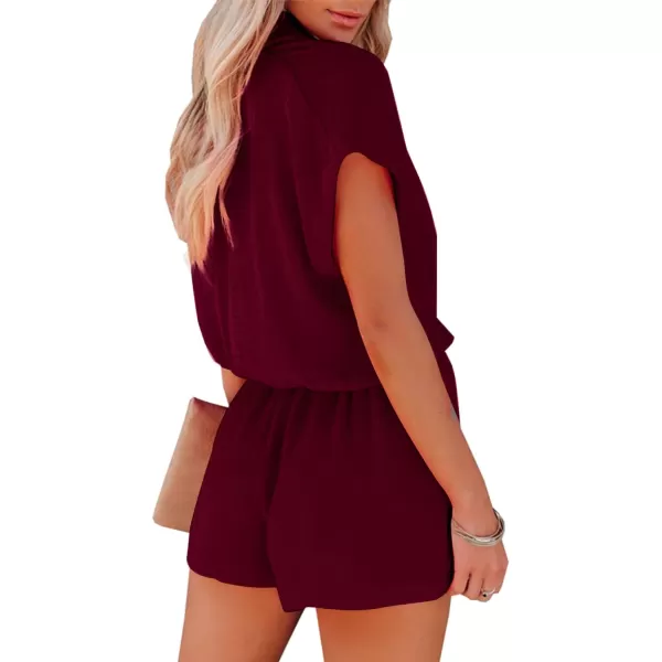 LYANER Women's Summer V Neck Wrap Ruched Front Pockets Short Sleeve Romper Jumpsuit