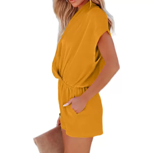 LYANER Women's Summer V Neck Wrap Ruched Front Pockets Short Sleeve Romper Jumpsuit