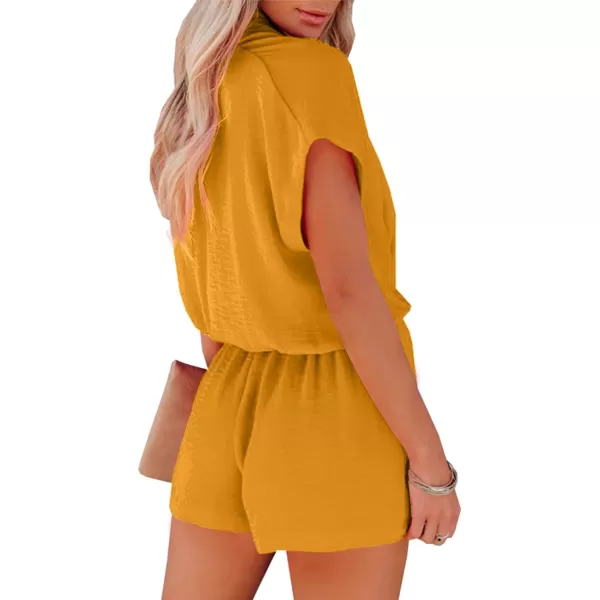 LYANER Women's Summer V Neck Wrap Ruched Front Pockets Short Sleeve Romper Jumpsuit
