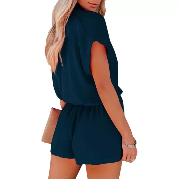 LYANER Women's Summer V Neck Wrap Ruched Front Pockets Short Sleeve Romper Jumpsuit