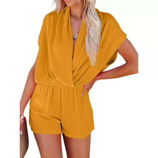 LYANER Women's Summer V Neck Wrap Ruched Front Pockets Short Sleeve Romper Jumpsuit