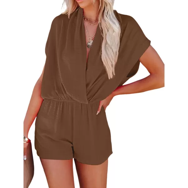 LYANER Women's Summer V Neck Wrap Ruched Front Pockets Short Sleeve Romper Jumpsuit