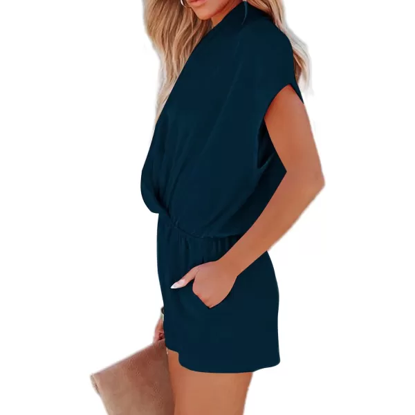 LYANER Women's Summer V Neck Wrap Ruched Front Pockets Short Sleeve Romper Jumpsuit