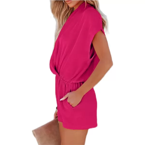LYANER Women's Summer V Neck Wrap Ruched Front Pockets Short Sleeve Romper Jumpsuit