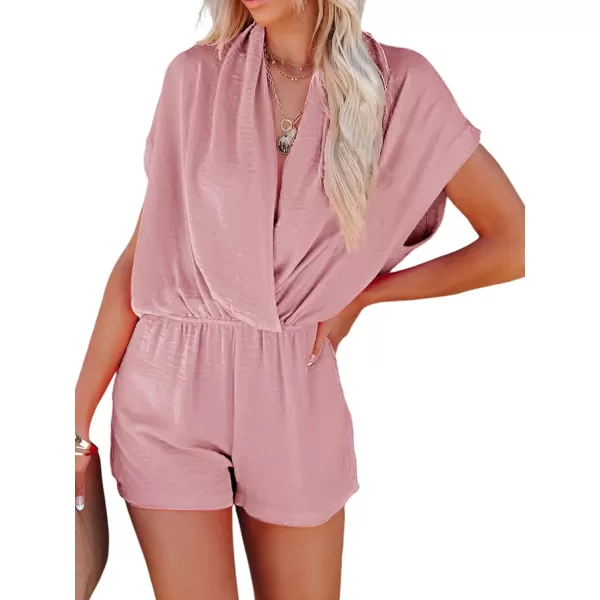 LYANER Women's Summer V Neck Wrap Ruched Front Pockets Short Sleeve Romper Jumpsuit