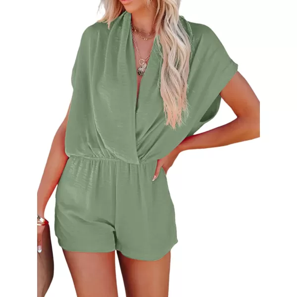 LYANER Women's Summer V Neck Wrap Ruched Front Pockets Short Sleeve Romper Jumpsuit