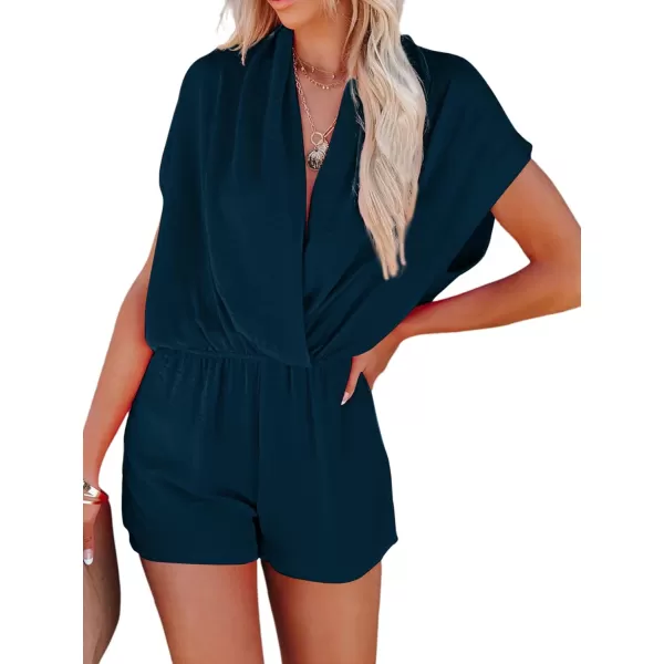 LYANER Women's Summer V Neck Wrap Ruched Front Pockets Short Sleeve Romper Jumpsuit