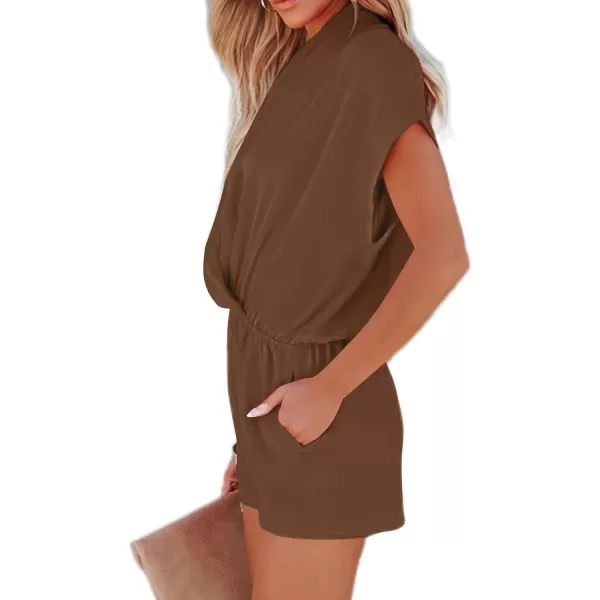 LYANER Women's Summer V Neck Wrap Ruched Front Pockets Short Sleeve Romper Jumpsuit