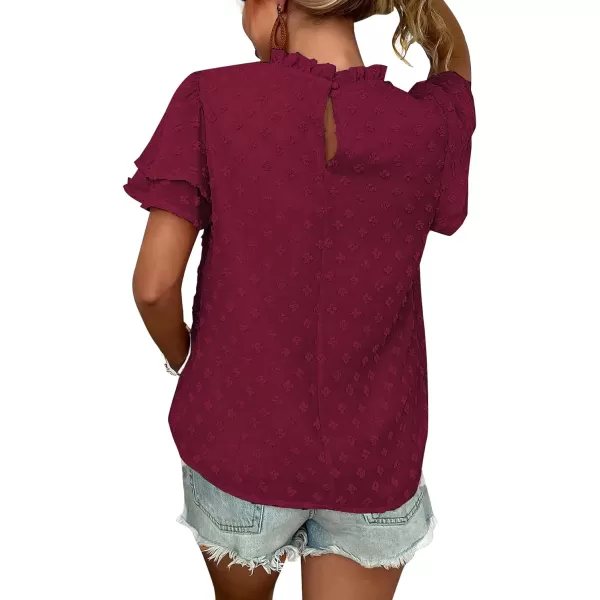LYANER Women's Swiss Dots Frill Mock Neck Layer Short Sleeve Blouse Shirt Top