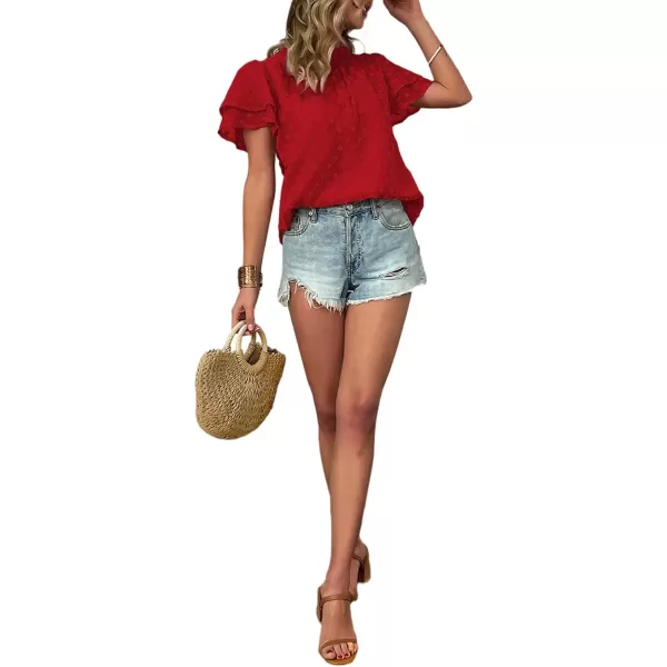 LYANER Women's Swiss Dots Frill Mock Neck Layer Short Sleeve Blouse Shirt Top