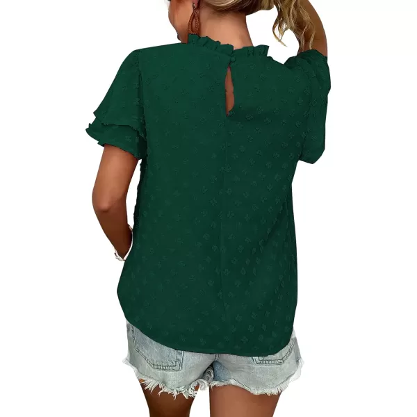 LYANER Women's Swiss Dots Frill Mock Neck Layer Short Sleeve Blouse Shirt Top