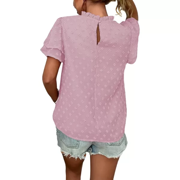 LYANER Women's Swiss Dots Frill Mock Neck Layer Short Sleeve Blouse Shirt Top