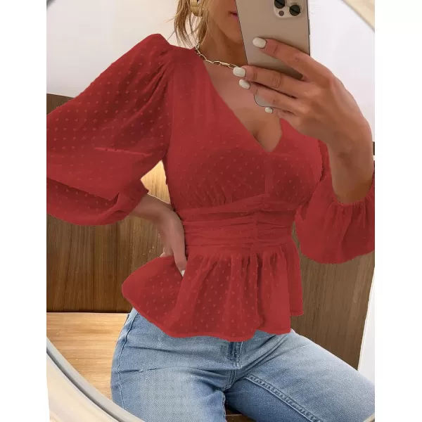 LYANER Women's Swiss Dots V Neck Lantern Sleeve Shirred Ruffle Elegant Peplum Blouse