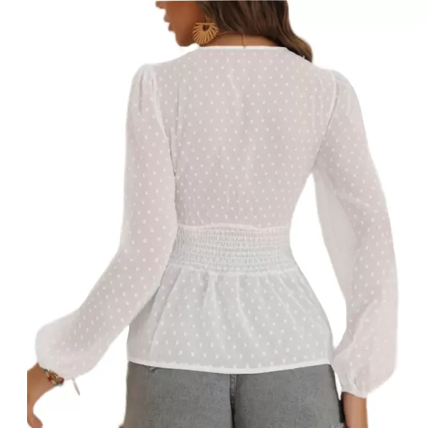 LYANER Women's Swiss Dots V Neck Lantern Sleeve Shirred Ruffle Elegant Peplum Blouse