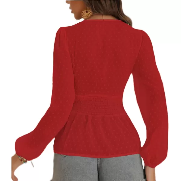 LYANER Women's Swiss Dots V Neck Lantern Sleeve Shirred Ruffle Elegant Peplum Blouse