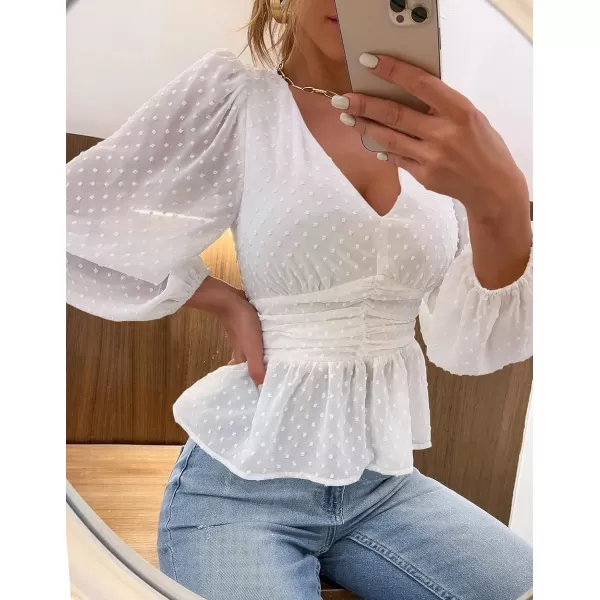 LYANER Women's Swiss Dots V Neck Lantern Sleeve Shirred Ruffle Elegant Peplum Blouse