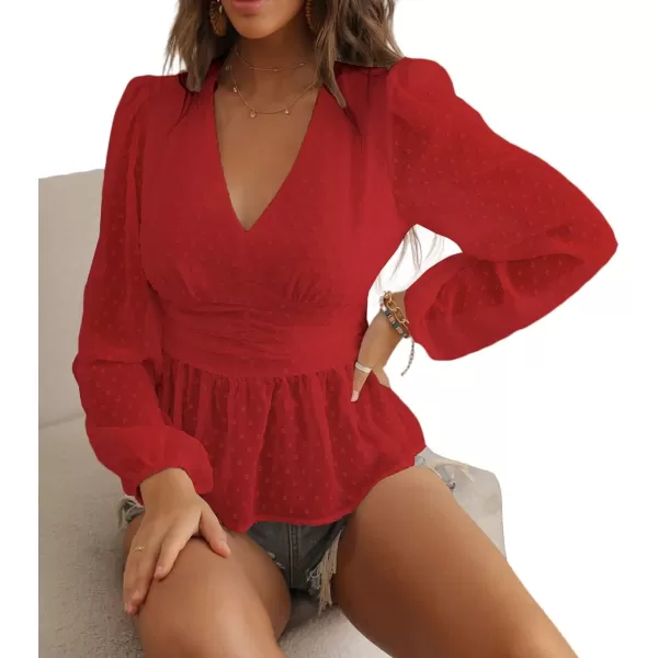 LYANER Women's Swiss Dots V Neck Lantern Sleeve Shirred Ruffle Elegant Peplum Blouse