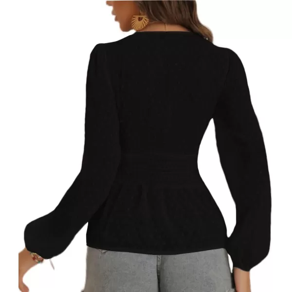 LYANER Women's Swiss Dots V Neck Lantern Sleeve Shirred Ruffle Elegant Peplum Blouse
