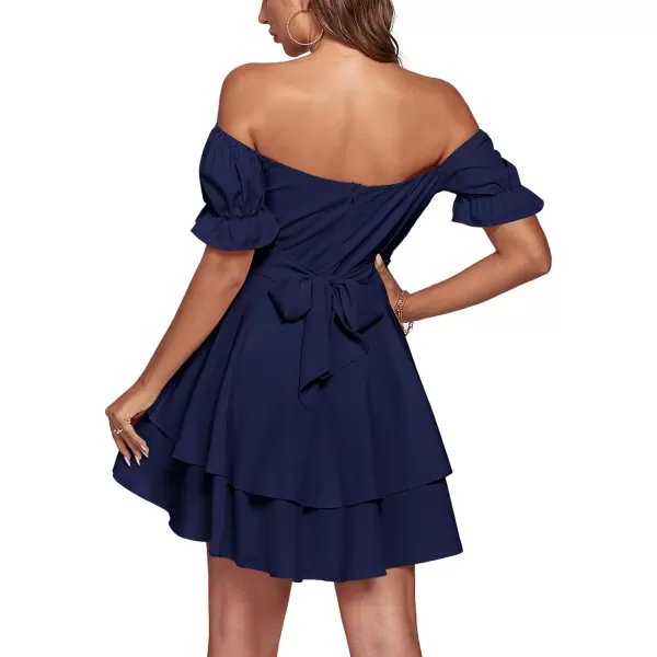 LYANER Women's Tie Back Off Shoulder Wrap Layer Ruffle Short Sleeve Mini Dress
