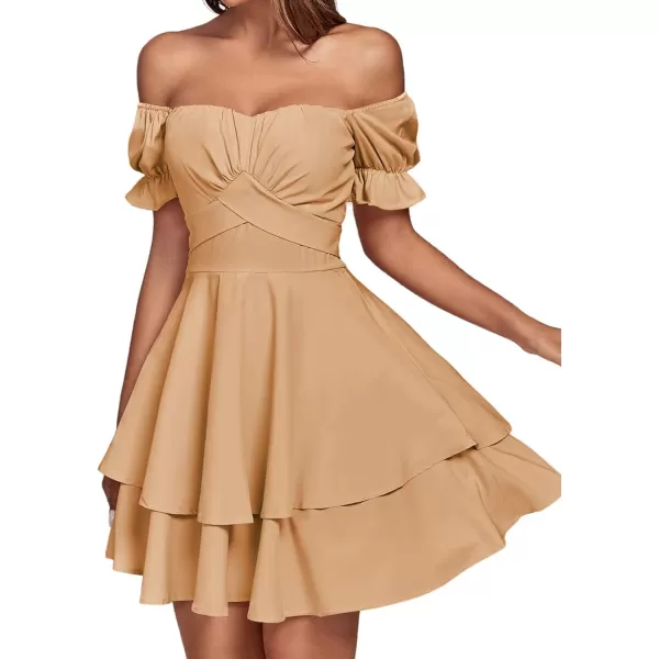 LYANER Women's Tie Back Off Shoulder Wrap Layer Ruffle Short Sleeve Mini Dress