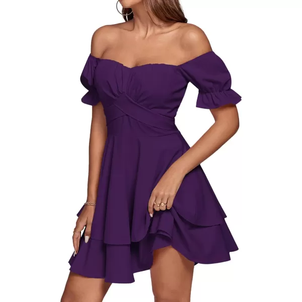 LYANER Women's Tie Back Off Shoulder Wrap Layer Ruffle Short Sleeve Mini Dress