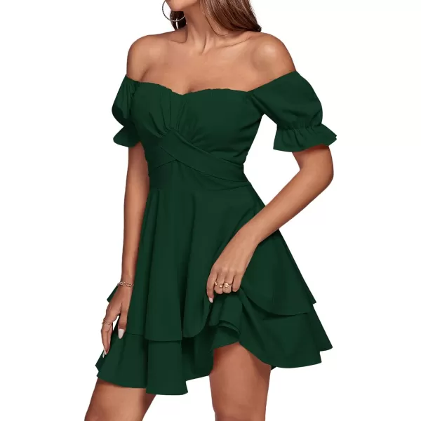 LYANER Women's Tie Back Off Shoulder Wrap Layer Ruffle Short Sleeve Mini Dress