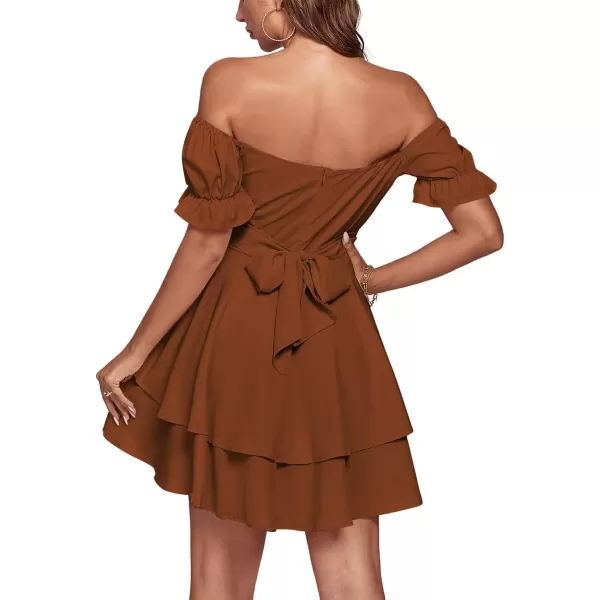 LYANER Women's Tie Back Off Shoulder Wrap Layer Ruffle Short Sleeve Mini Dress