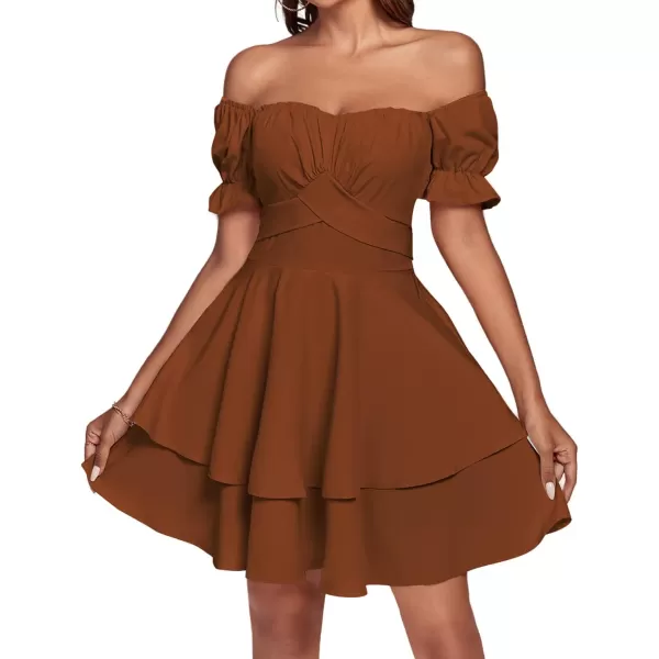 LYANER Women's Tie Back Off Shoulder Wrap Layer Ruffle Short Sleeve Mini Dress