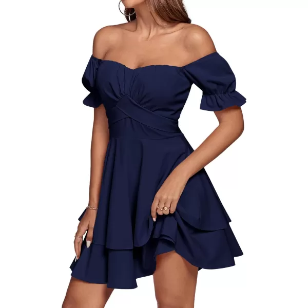 LYANER Women's Tie Back Off Shoulder Wrap Layer Ruffle Short Sleeve Mini Dress