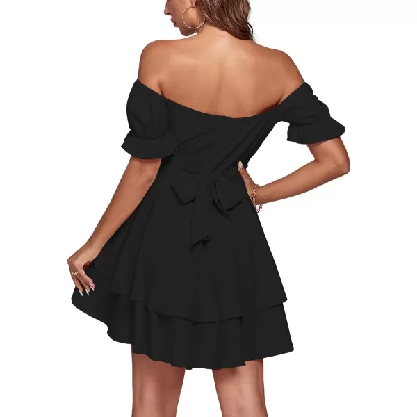 LYANER Women's Tie Back Off Shoulder Wrap Layer Ruffle Short Sleeve Mini Dress